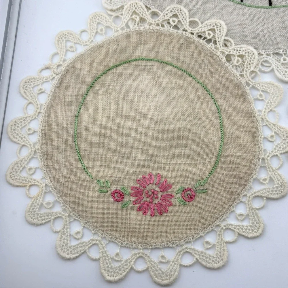 Vintage Hand Embroidered Linen Doily Set Crinoline Lady Southern Belle 3pc